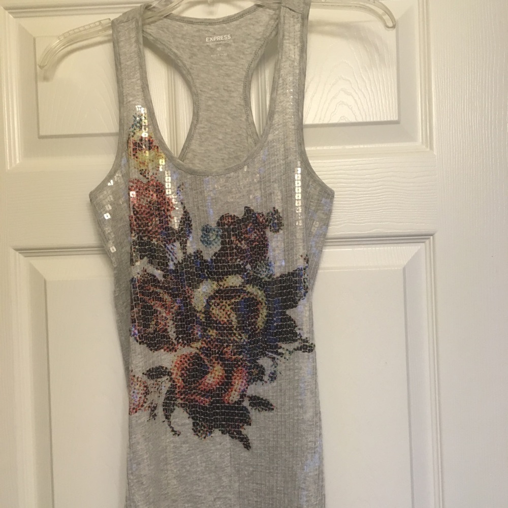 Sequin gray tank top with floral design.